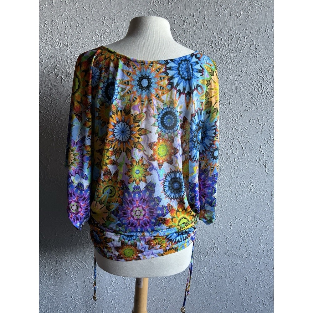 Luli Fama Medium Kaleidoscope Print Batwing Swim Cover Up Resort Tunic - Picture 13 of 16